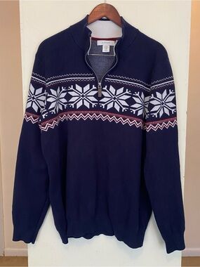 Aspen Blue Sweater Mens XXL Snowflake 1/4 Zip Mock Neck Warm Winter Pullover